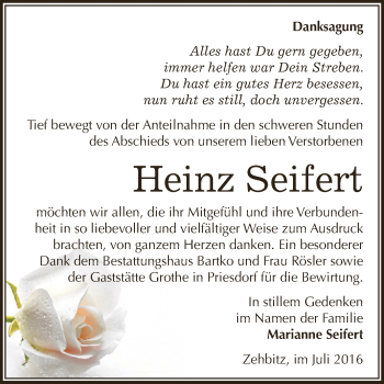 Traueranzeige von Heinz Seifert von WVG - Wochenspiegel Dessau / Köthen