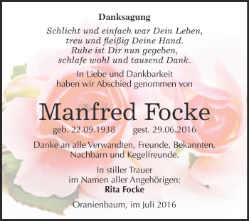 Traueranzeige von Manfred Focke von WVG - Wochenspiegel Wittenberg
