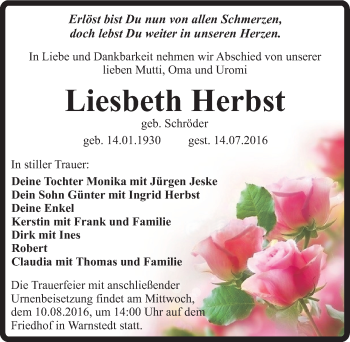 Traueranzeige von Liesbeth Herbst von Mitteldeutsche Zeitung Quedlinburg