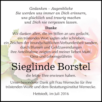 Traueranzeige von Sieglinde Borstel von Super Sonntag SGH Mansf. Land