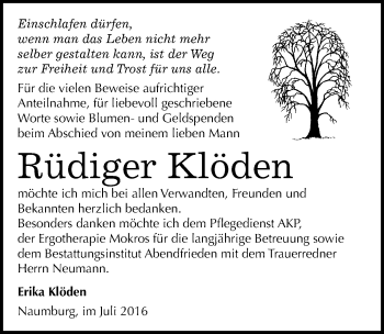 Traueranzeige von Rüdiger Klöden von Mitteldeutsche Zeitung Naumburg/Nebra