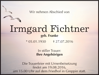 Traueranzeige von Irmgard Fichtner von Mitteldeutsche Zeitung Bitterfeld