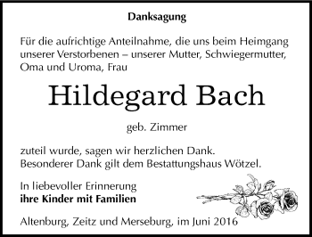 Traueranzeige von Hildegard Bach von Mitteldeutsche Zeitung Zeitz