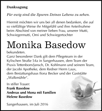 Traueranzeige von Monika Basedow von Mitteldeutsche Zeitung Sangerhausen
