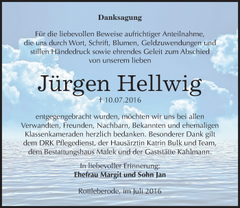 Traueranzeige von Jürgen Hellwig von Mitteldeutsche Zeitung Sangerhausen