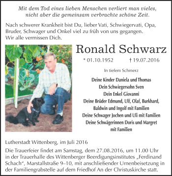 Traueranzeige von Ronald Schwarz von WVG - Wochenspiegel Wittenberg