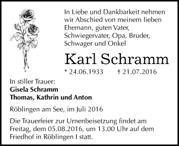 Traueranzeige von Karl Schramm von Mitteldeutsche Zeitung Mansfelder Land