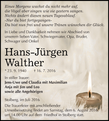 Traueranzeige von Hans-Jürgen Walther von Super Sonntag SGH Mansf. Land