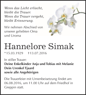 Traueranzeige von Hannelore Simak von WVG - Wochenspiegel Bitterfeld