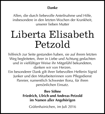 Traueranzeige von Liberta Elisabeth Petzold von Mitteldeutsche Zeitung Wittenberg