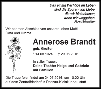 Traueranzeige von Annerose Brandt von WVG - Wochenspiegel Dessau / Köthen