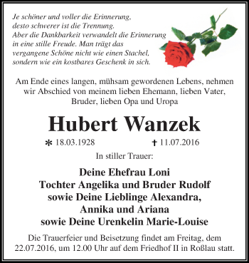 Traueranzeige von Hubert Wanzek von WVG - Wochenspiegel Dessau / Köthen