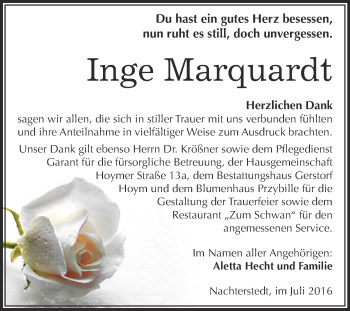Traueranzeige von Inge Marquardt von Super Sonntag Aschersleben