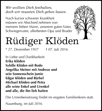 Traueranzeige von Rüdiger Klöden von Mitteldeutsche Zeitung Naumburg/Nebra