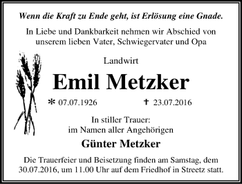 Traueranzeige von Emil Metzker von Mitteldeutsche Zeitung Dessau-Roßlau