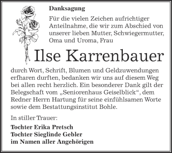 Traueranzeige von Ilse Karrenbauer von WVG - Wochenspiegel Merseburg