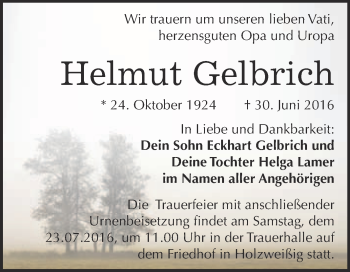 Traueranzeige von Helmut Gelbrich von WVG - Wochenspiegel Bitterfeld