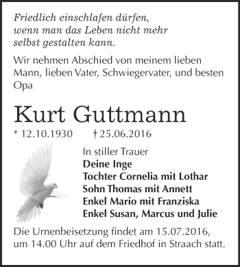 Traueranzeige von Kurt Guttmann von Super Sonntag Wittenberg