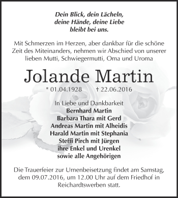 Traueranzeige von Jolande Martin von WVG - Wochenspiegel NMB / WSF / ZTZ