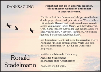 Traueranzeige von Ronald Stadelmann von Mitteldeutsche Zeitung Zeitz