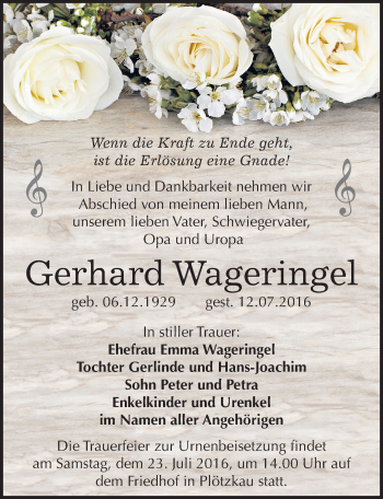 Traueranzeige von Gerhard Wageringel von Mitteldeutsche Zeitung Bernburg