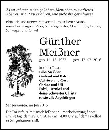 Traueranzeige von Günther Meißner von Mitteldeutsche Zeitung Sangerhausen