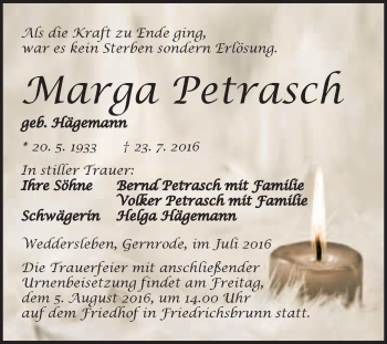 Traueranzeige von Marga Petrasch von WVG - Wochenspiegel Quedlinburg
