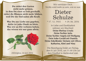 Traueranzeige von Dieter Schulze von Mitteldeutsche Zeitung Köthen