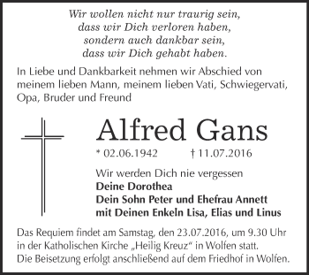 Traueranzeige von Alfred Gans von WVG - Wochenspiegel Bitterfeld