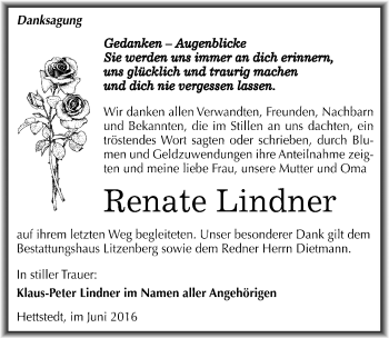 Traueranzeige von Renate Lindner von Mitteldeutsche Zeitung Mansfelder Land