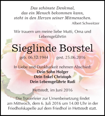 Traueranzeige von Sieglinde Borstel von Super Sonntag SGH Mansf. Land