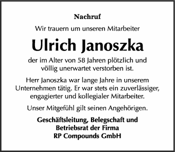 Traueranzeige von Ulrich Janoszka von Mitteldeutsche Zeitung Halle/Saalkreis