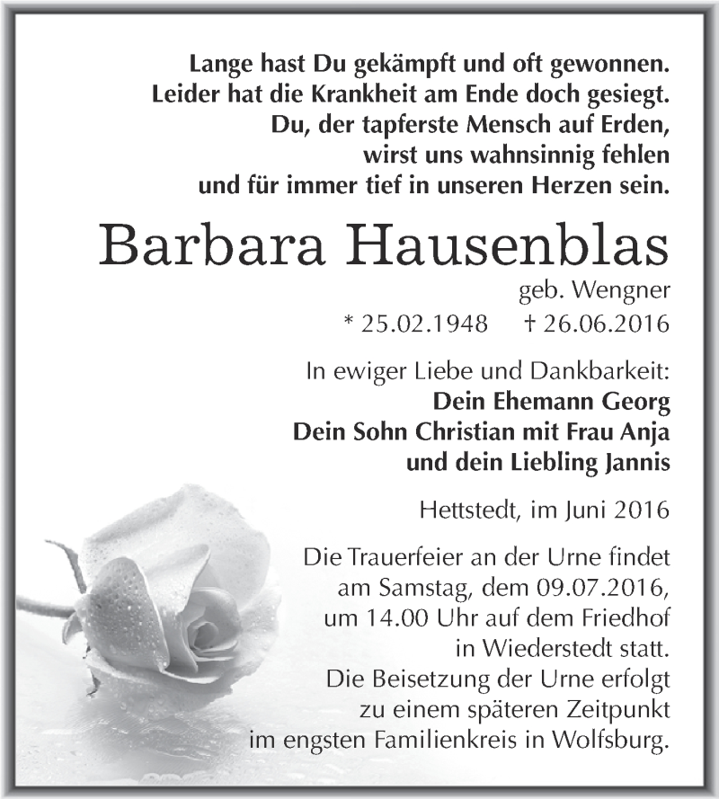  Traueranzeige für Barbara Hausenblas vom 02.07.2016 aus Super Sonntag SGH Mansf. Land