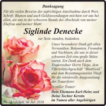 Traueranzeige von Siglinde Denecke von Super Sonntag Quedlinburg