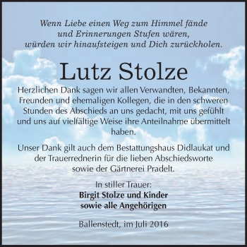 Traueranzeige von Lutz Stolze von WVG - Wochenspiegel Quedlinburg