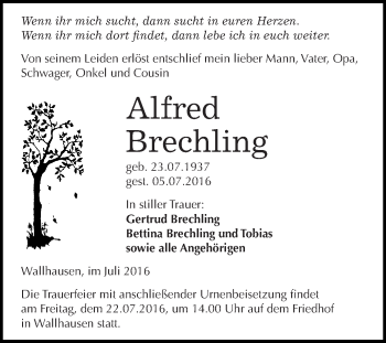 Traueranzeige von Alfred Brechling von Super Sonntag SGH Mansf. Land