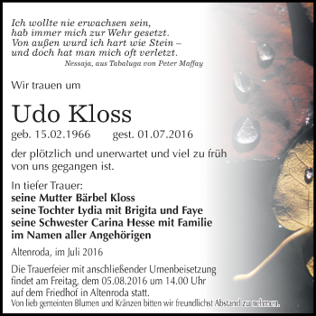 Traueranzeige von Udo Kloss von WVG - Wochenspiegel Merseburg