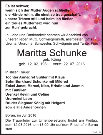 Traueranzeige von Maritta Schunke von Mitteldeutsche Zeitung Weißenfels