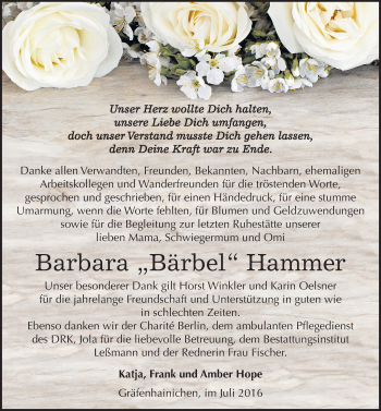 Traueranzeige von Barbara Hammer von Mitteldeutsche Zeitung Wittenberg