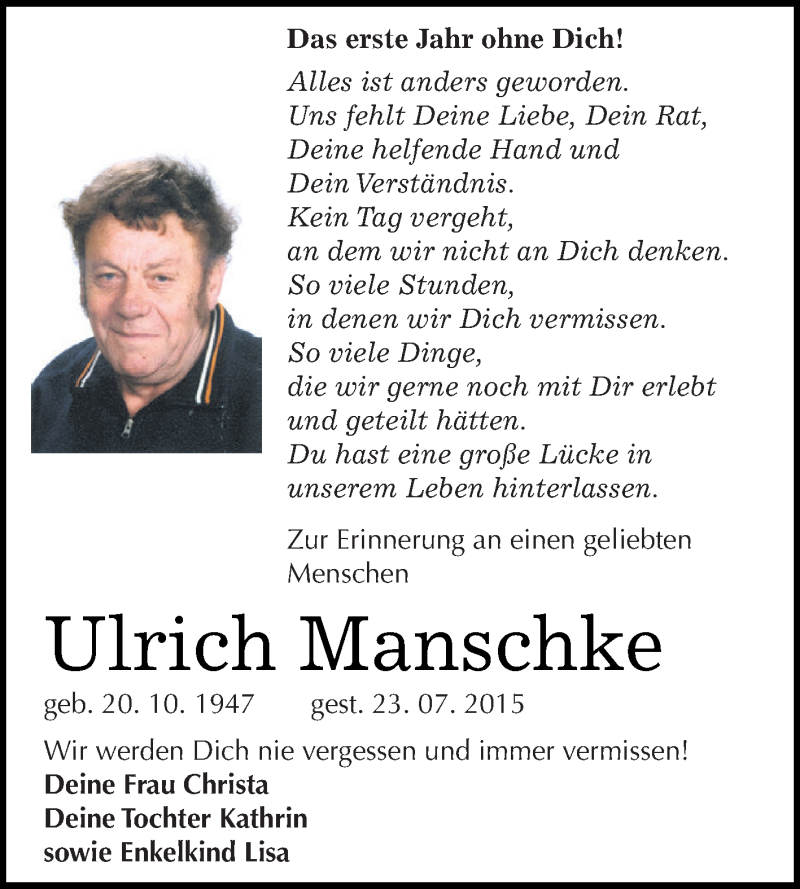  Traueranzeige für Ulrich Manschke vom 27.07.2016 aus WVG - Wochenspiegel Dessau / Köthen