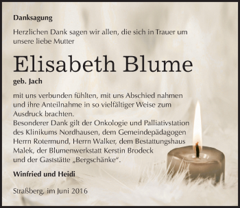 Traueranzeige von Elisabeth Blume von Mitteldeutsche Zeitung Quedlinburg