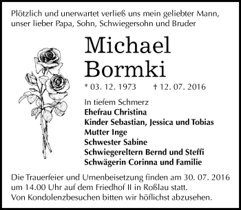 Traueranzeige von Michael Bormki von Mitteldeutsche Zeitung Dessau-Roßlau