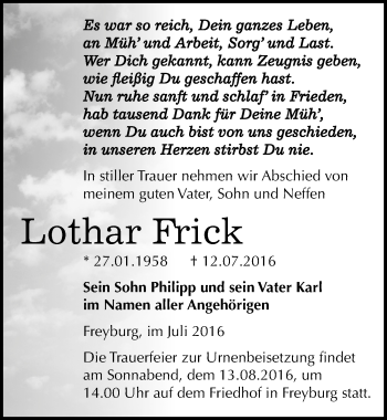 Traueranzeige von Lothar Frick von Mitteldeutsche Zeitung Naumburg/Nebra
