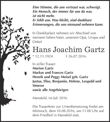 Traueranzeige von Hans Joachim Gartz von Super Sonntag SGH Mansf. Land