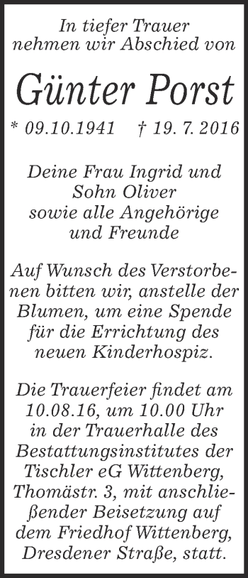 Traueranzeige von Günter Porst von WVG - Wochenspiegel Wittenberg