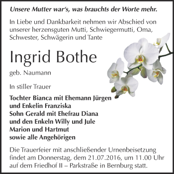Traueranzeige von Ingrid Bothe von Super Sonntag Bernburg