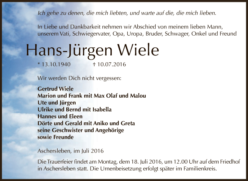  Traueranzeige für Hans-Jürgen Wiele vom 13.07.2016 aus Super Sonntag Aschersleben