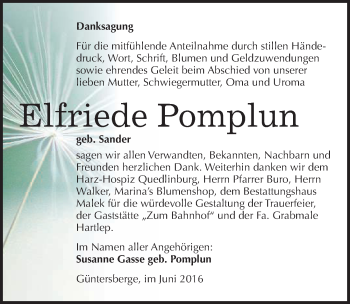Traueranzeige von Elfriede Pomplun von Mitteldeutsche Zeitung Quedlinburg