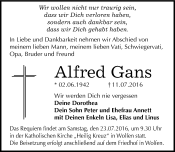 Traueranzeige von Alfred Gans von Mitteldeutsche Zeitung Bitterfeld