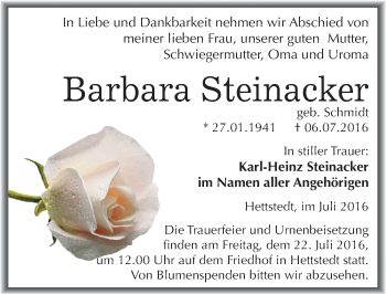 Traueranzeige von Barbara Steinacker von Mitteldeutsche Zeitung Mansfelder Land